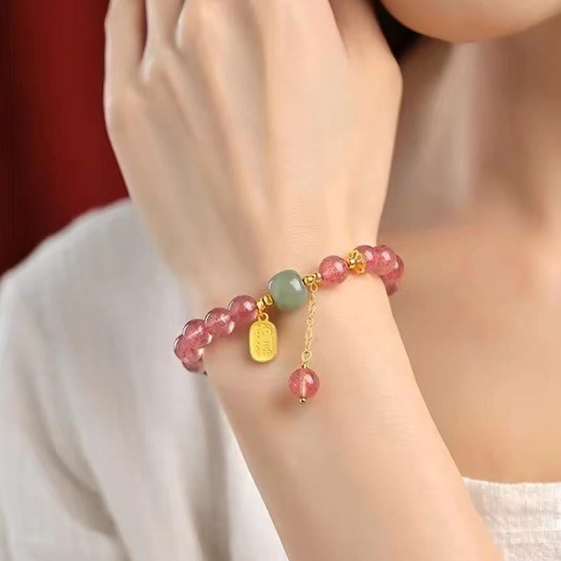 Pulsera de curación positiva con jade y carácter fu de cuarzo fresa natural de Buddha Stones