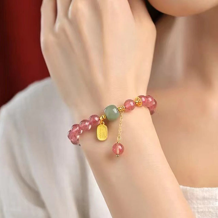 Pulsera de curación positiva con jade y carácter fu de cuarzo fresa natural de Buddha Stones
