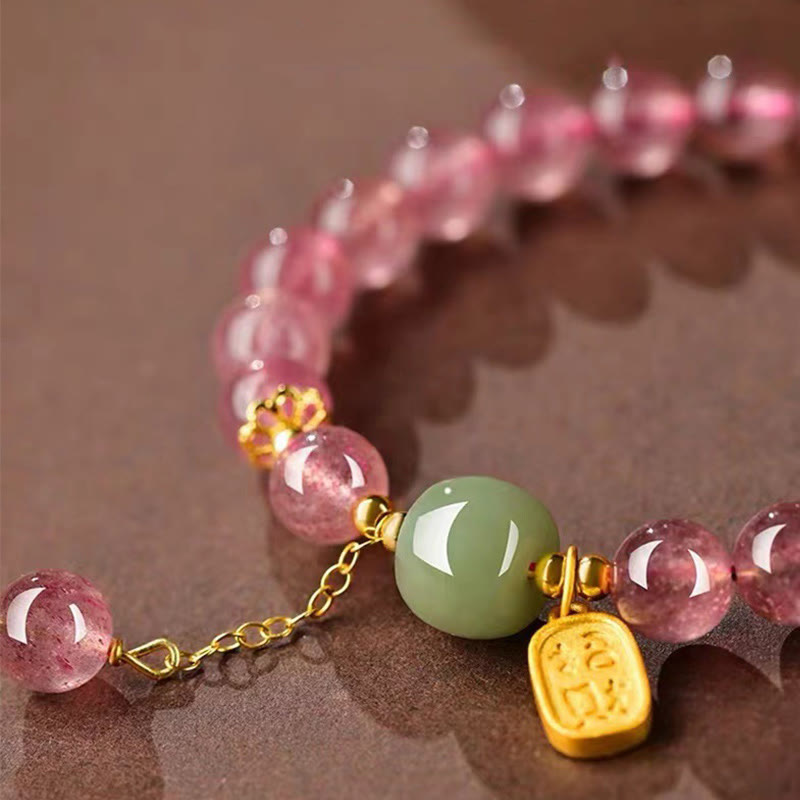 Pulsera de curación positiva con jade y carácter fu de cuarzo fresa natural de Buddha Stones