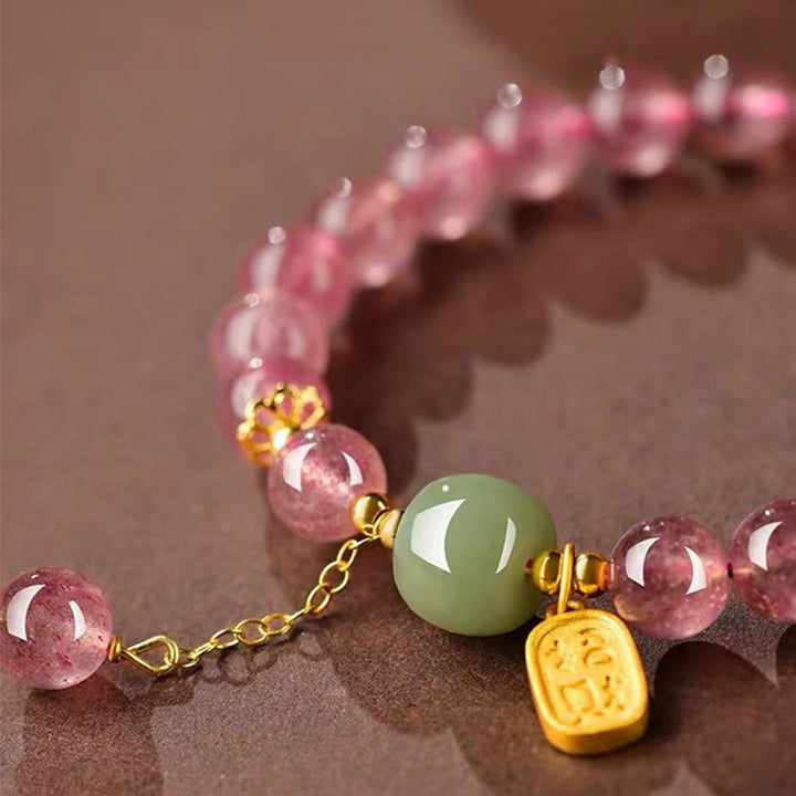 Pulsera de curación positiva con jade y carácter fu de cuarzo fresa natural de Buddha Stones