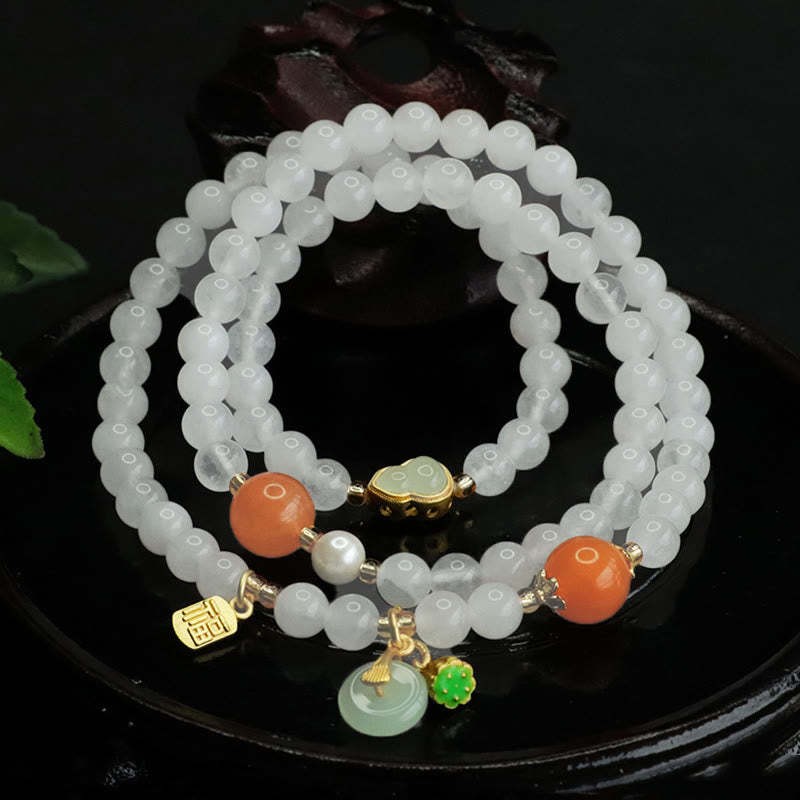 Pulsera de la suerte con carácter Fu y calabaza multicapa de jade blanco natural con Buddha Stones