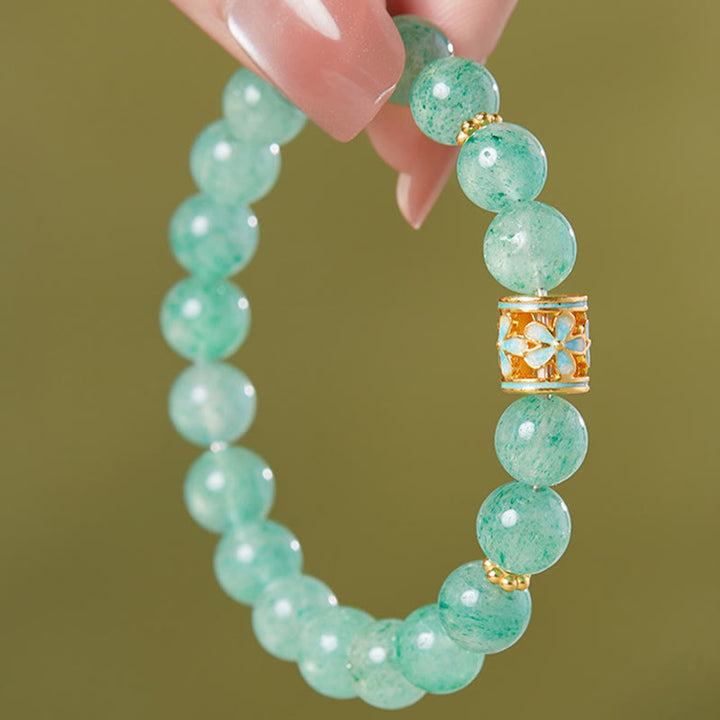 Pulsera Buddha Stones de plata de ley 925 con cuarzo fresa verde y flor de la calma