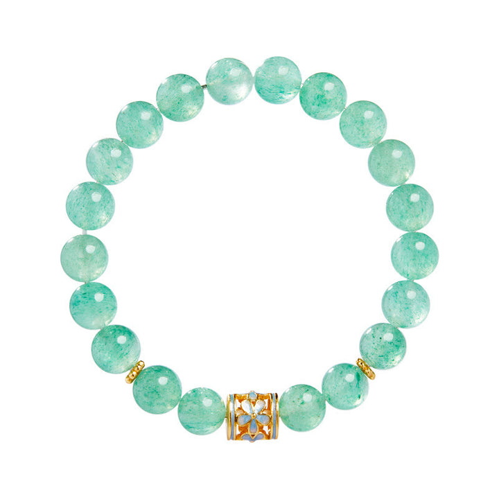 Pulsera Buddha Stones de plata de ley 925 con cuarzo fresa verde y flor de la calma
