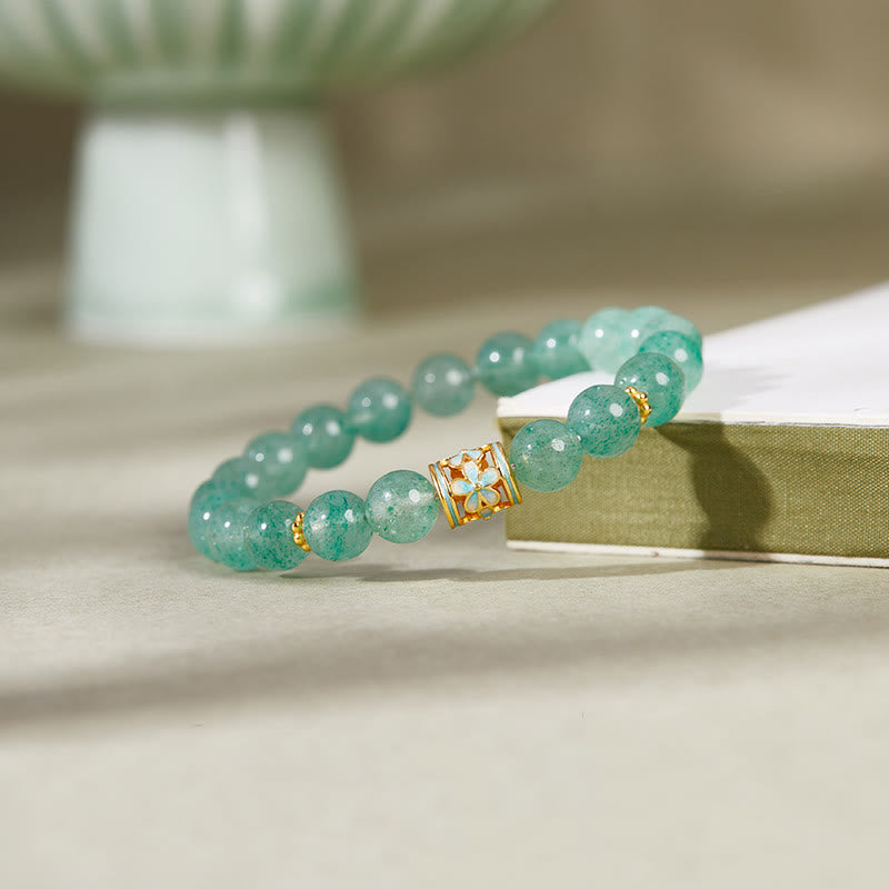 Pulsera Buddha Stones de plata de ley 925 con cuarzo fresa verde y flor de la calma