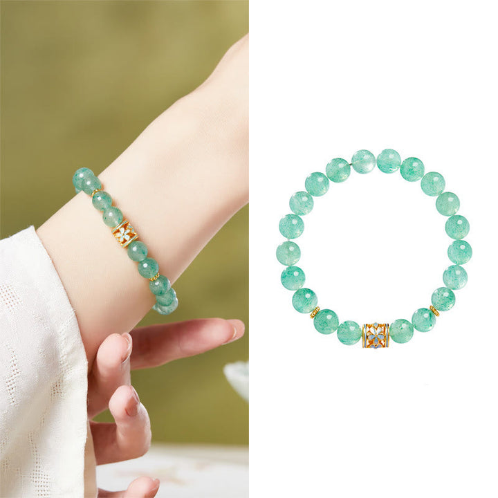 Pulsera Buddha Stones de plata de ley 925 con cuarzo fresa verde y flor de la calma