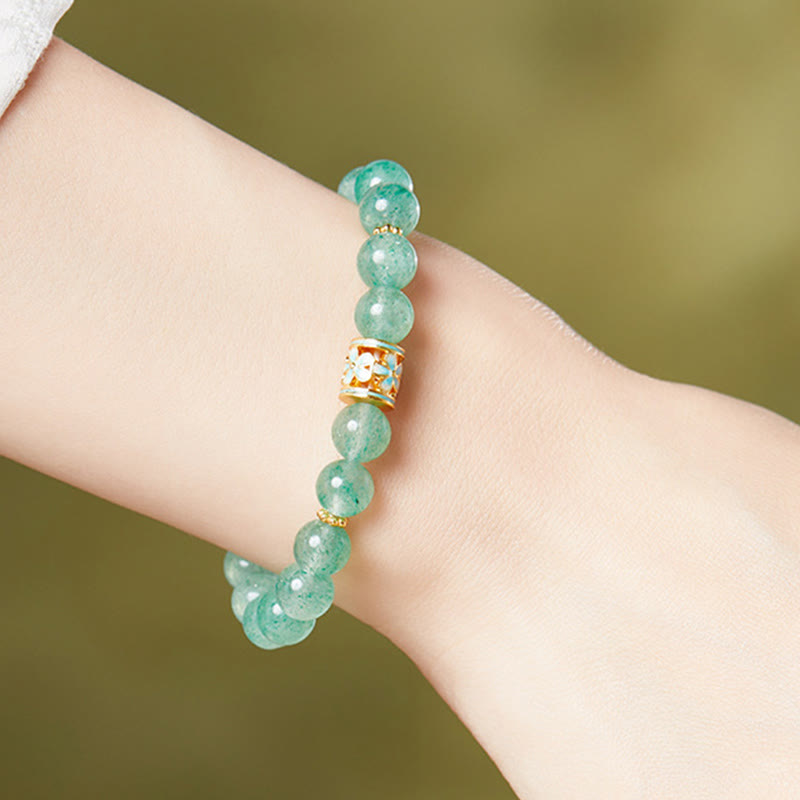Pulsera Buddha Stones de plata de ley 925 con cuarzo fresa verde y flor de la calma - image 4