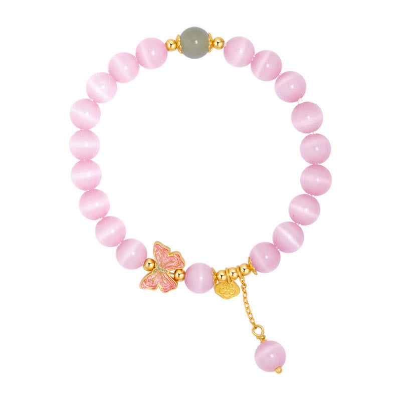 Pulsera de la paz con dije de mariposa de jade hetiano y ojo de gato en plata de ley 925 con Buddha Stones
