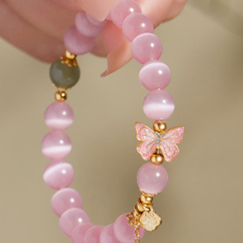 Pulsera de la paz con dije de mariposa de jade hetiano y ojo de gato en plata de ley 925 con Buddha Stones