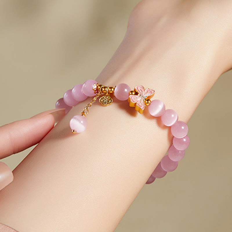 Pulsera de la paz con dije de mariposa de jade hetiano y ojo de gato en plata de ley 925 con Buddha Stones
