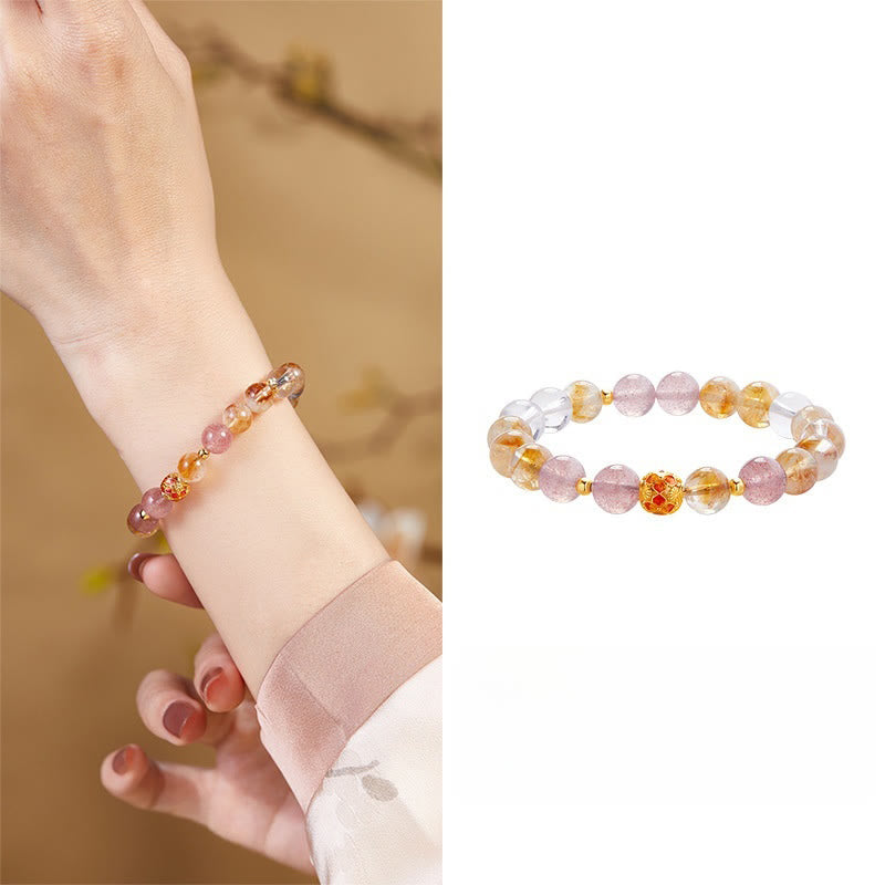 Pulsera de protección Buddha Stones de plata de ley 999 con citrino, cuarzo fresa y cristal blanco