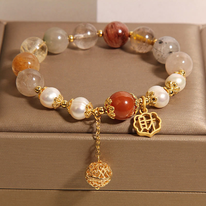 Pulsera de perlas de cuarzo rutilado natural Buddha Stones para atraer la fortuna y la riqueza