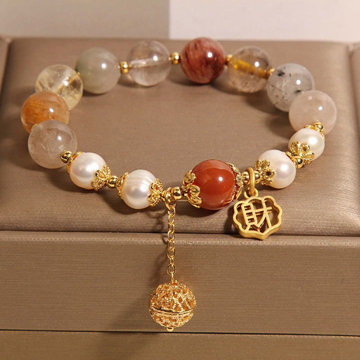 Pulsera de perlas de cuarzo rutilado natural Buddha Stones para atraer la fortuna y la riqueza
