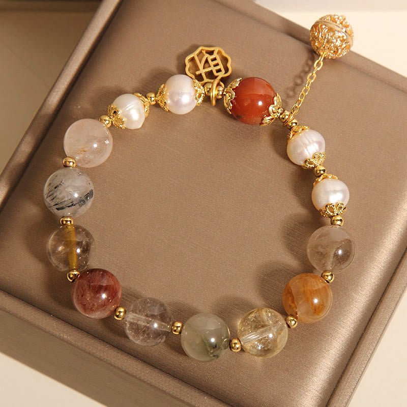 Pulsera de perlas de cuarzo rutilado natural Buddha Stones para atraer la fortuna y la riqueza