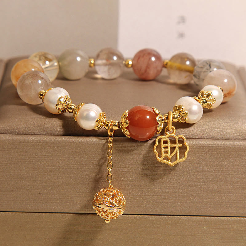 Pulsera de perlas de cuarzo rutilado natural Buddha Stones para atraer la fortuna y la riqueza