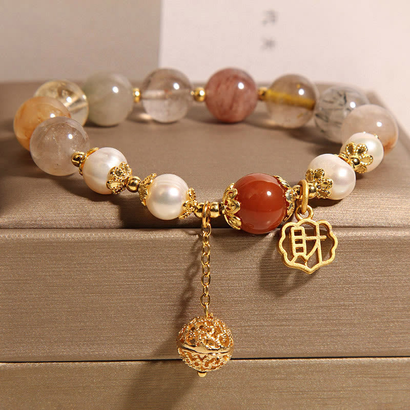 Pulsera de perlas de cuarzo rutilado natural Buddha Stones para atraer la fortuna y la riqueza