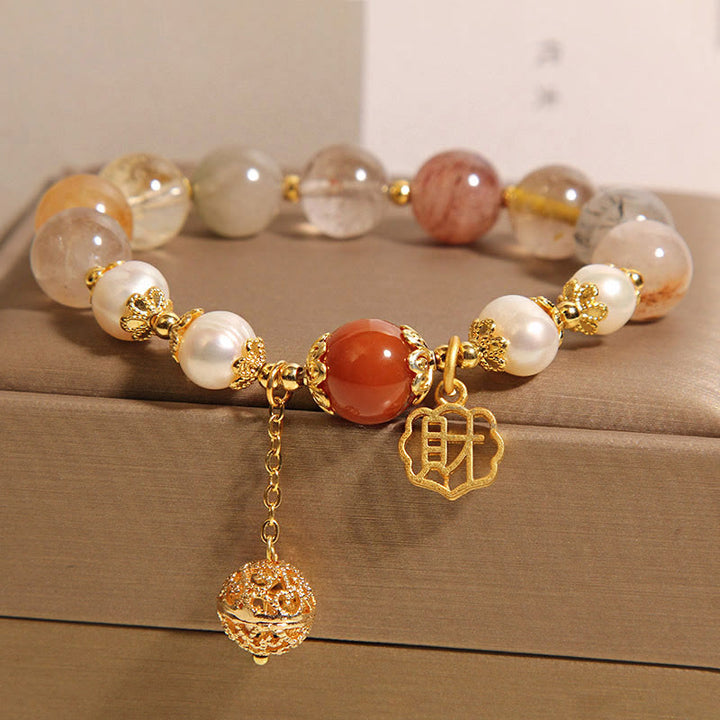 Pulsera de perlas de cuarzo rutilado natural Buddha Stones para atraer la fortuna y la riqueza