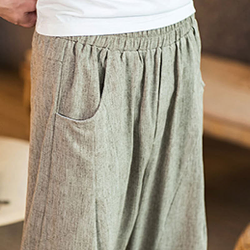 Pantalones casuales de lino y algodón con cintura elástica y bolsillos para hombre, de Buddha Stones, de color liso y con cordón ajustable. - image 10