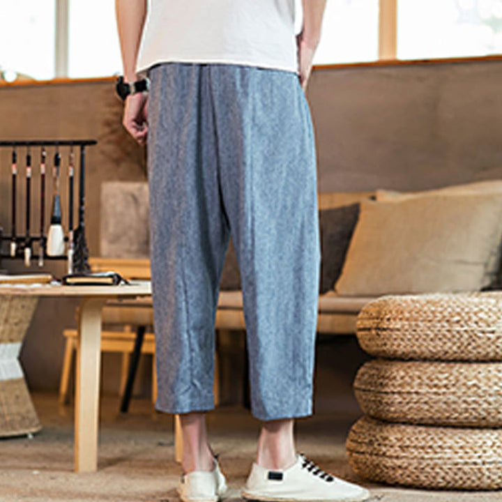 Pantalones casuales de lino y algodón con cintura elástica y bolsillos para hombre, de Buddha Stones, de color liso y con cordón ajustable. - image 35
