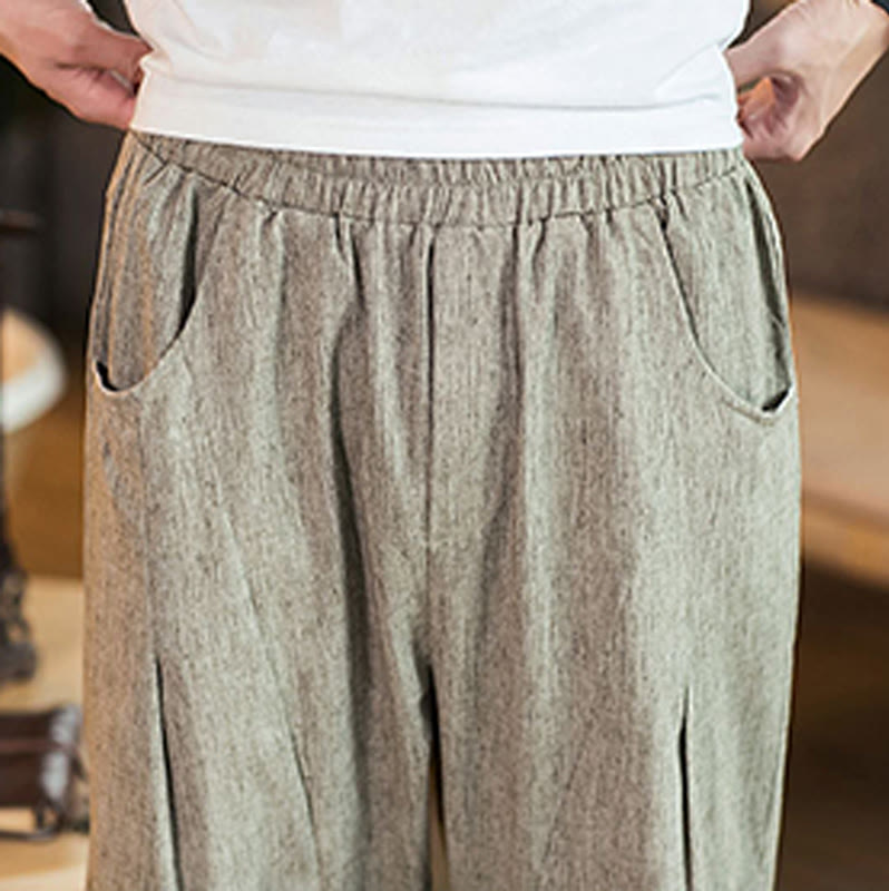 Pantalones casuales de lino y algodón con cintura elástica y bolsillos para hombre, de Buddha Stones, de color liso y con cordón ajustable. - image 8