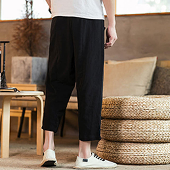 Pantalones casuales de lino y algodón con cintura elástica y bolsillos para hombre, de Buddha Stones, de color liso y con cordón ajustable. - image 29