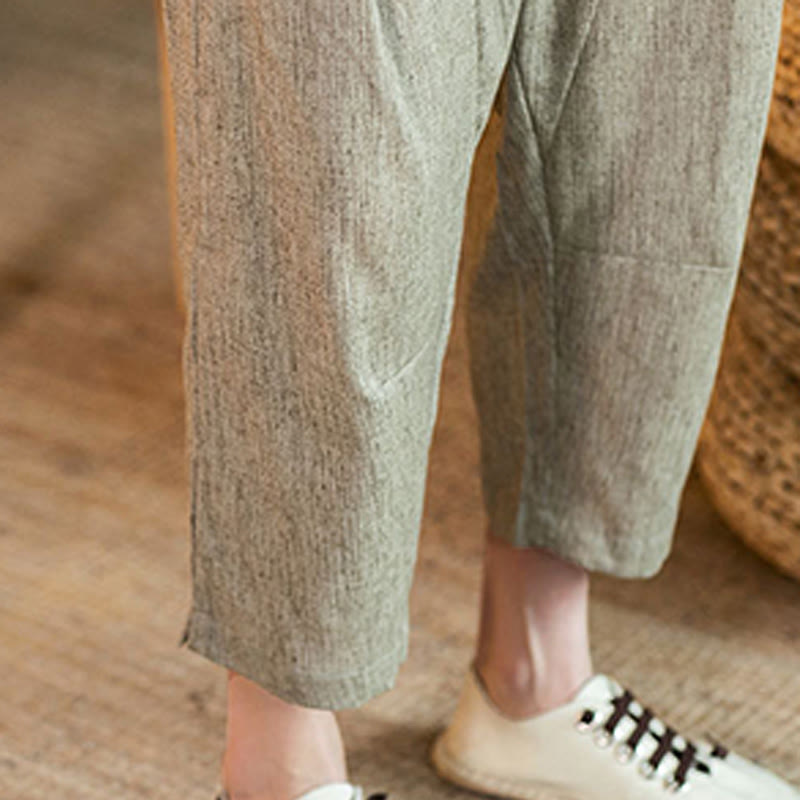 Pantalones casuales de lino y algodón con cintura elástica y bolsillos para hombre, de Buddha Stones, de color liso y con cordón ajustable. - image 11