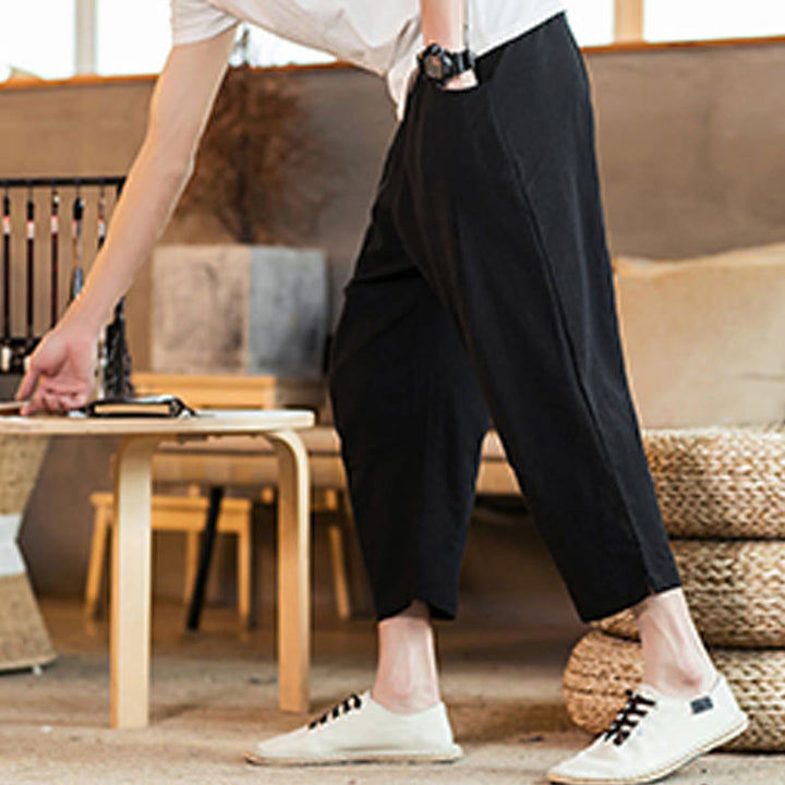 Pantalones casuales de lino y algodón con cintura elástica y bolsillos para hombre, de Buddha Stones, de color liso y con cordón ajustable. - image 30