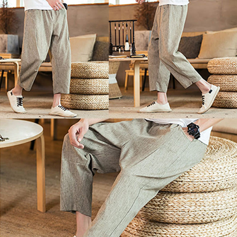 Pantalones casuales de lino y algodón con cintura elástica y bolsillos para hombre, de Buddha Stones, de color liso y con cordón ajustable. - image 18