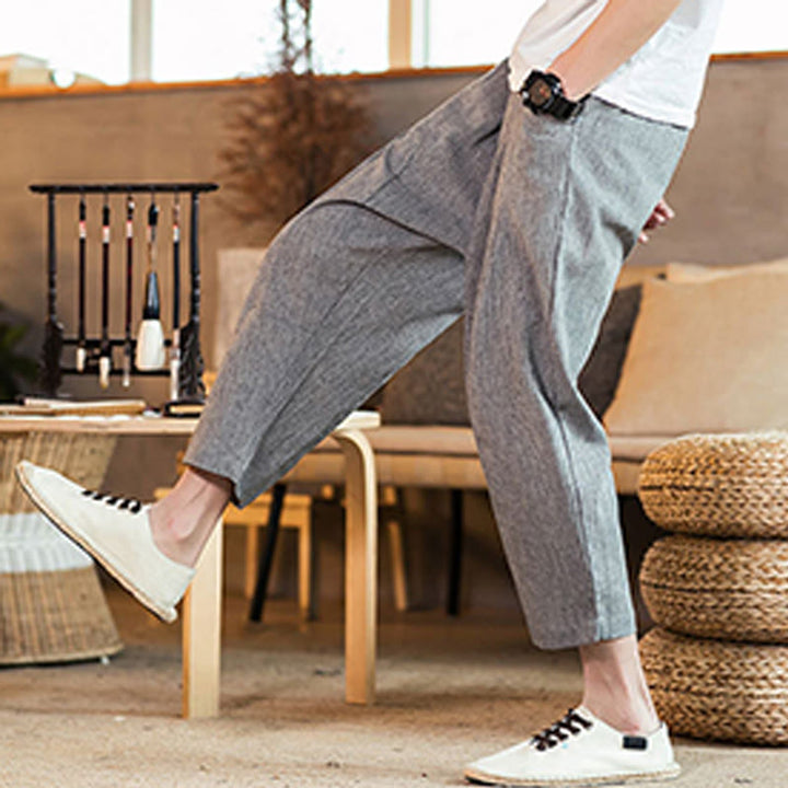 Pantalones casuales de lino y algodón con cintura elástica y bolsillos para hombre, de Buddha Stones, de color liso y con cordón ajustable. - image 24