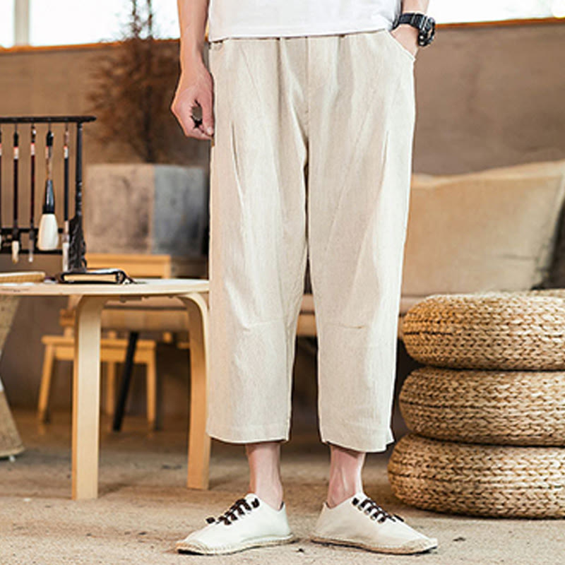 Pantalones casuales de lino y algodón con cintura elástica y bolsillos para hombre, de Buddha Stones, de color liso y con cordón ajustable. - image 41