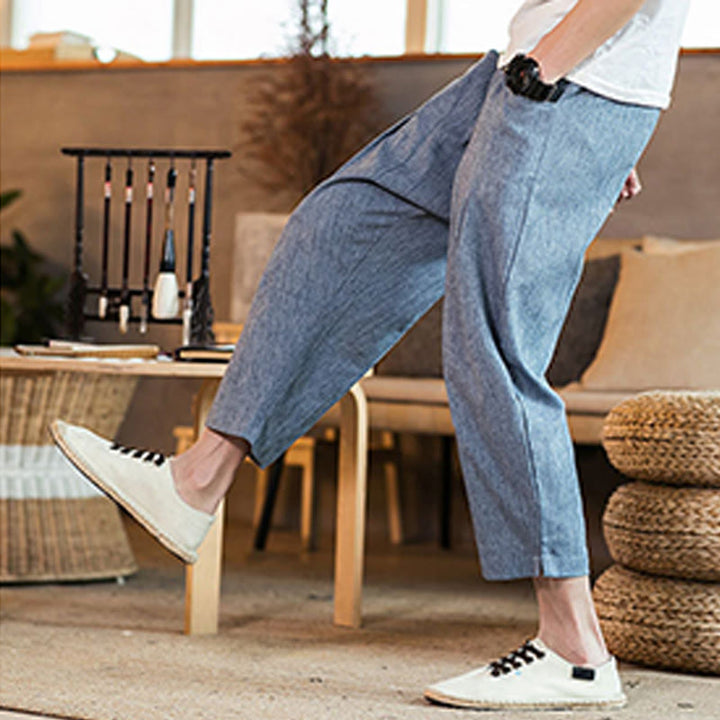 Pantalones casuales de lino y algodón con cintura elástica y bolsillos para hombre, de Buddha Stones, de color liso y con cordón ajustable. - image 38