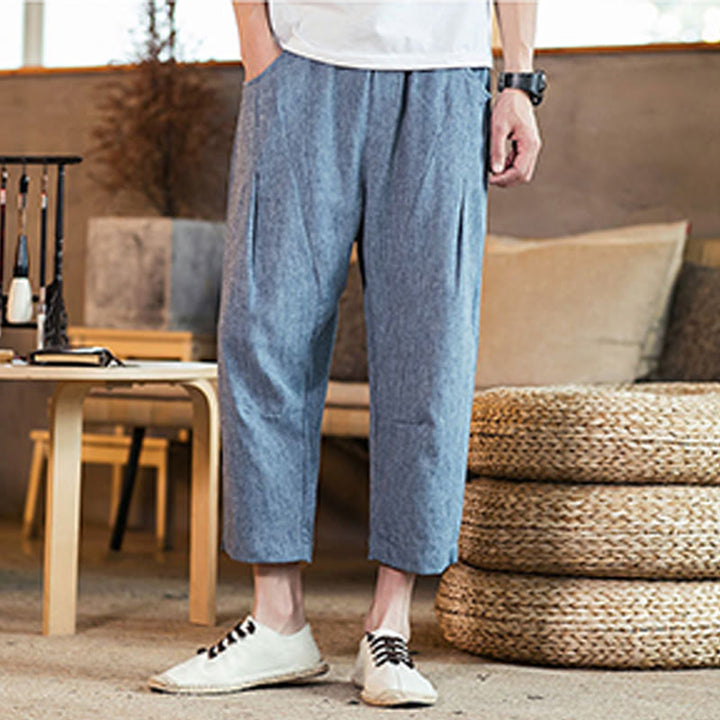 Pantalones casuales de lino y algodón con cintura elástica y bolsillos para hombre, de Buddha Stones, de color liso y con cordón ajustable. - image 36