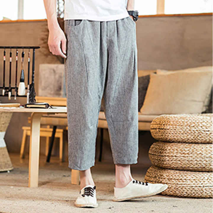 Pantalones casuales de lino y algodón con cintura elástica y bolsillos para hombre, de Buddha Stones, de color liso y con cordón ajustable. - image 22