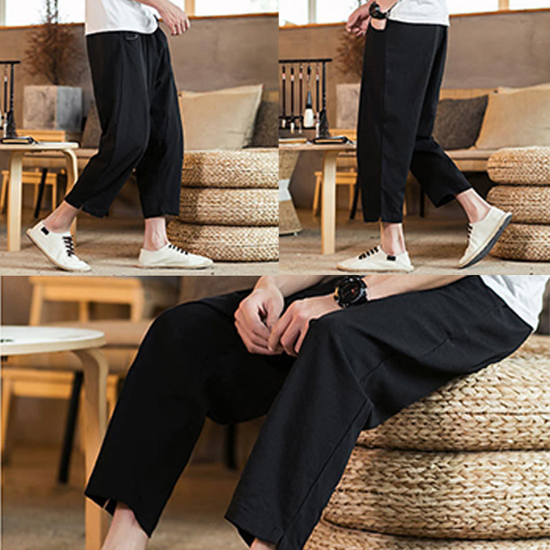 Pantalones casuales de lino y algodón con cintura elástica y bolsillos para hombre, de Buddha Stones, de color liso y con cordón ajustable. - image 32