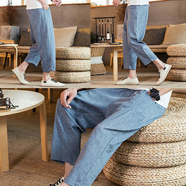 Pantalones casuales de lino y algodón con cintura elástica y bolsillos para hombre, de Buddha Stones, de color liso y con cordón ajustable. - image 39