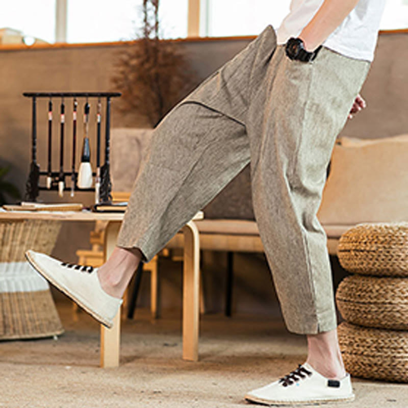 Pantalones casuales de lino y algodón con cintura elástica y bolsillos para hombre, de Buddha Stones, de color liso y con cordón ajustable. - image 6