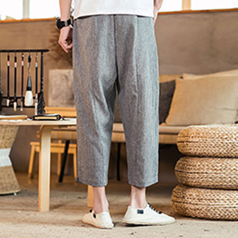 Pantalones casuales de lino y algodón con cintura elástica y bolsillos para hombre, de Buddha Stones, de color liso y con cordón ajustable. - image 21
