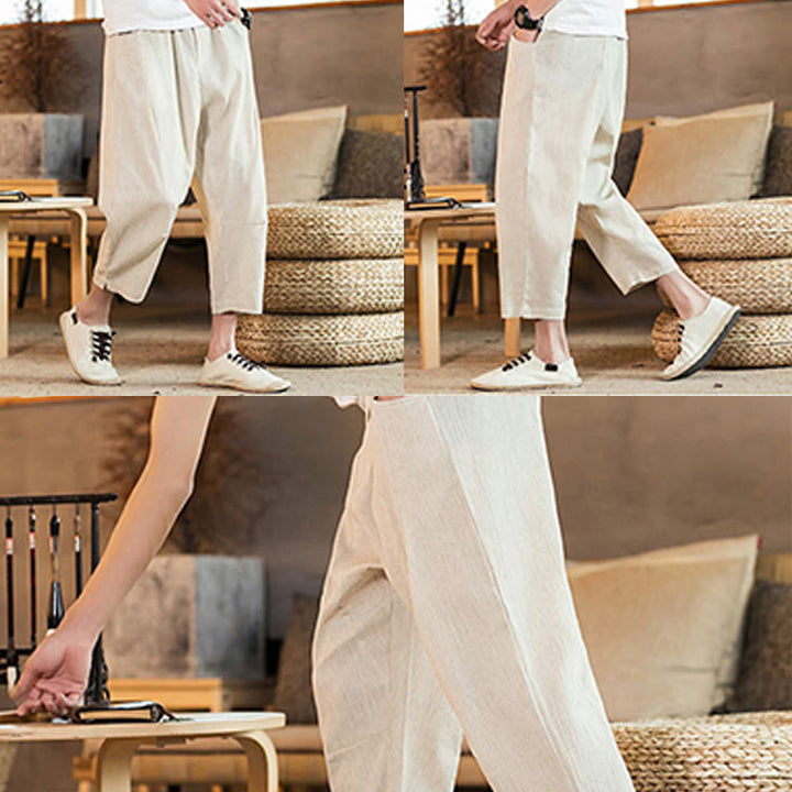 Pantalones casuales de lino y algodón con cintura elástica y bolsillos para hombre, de Buddha Stones, de color liso y con cordón ajustable. - image 47