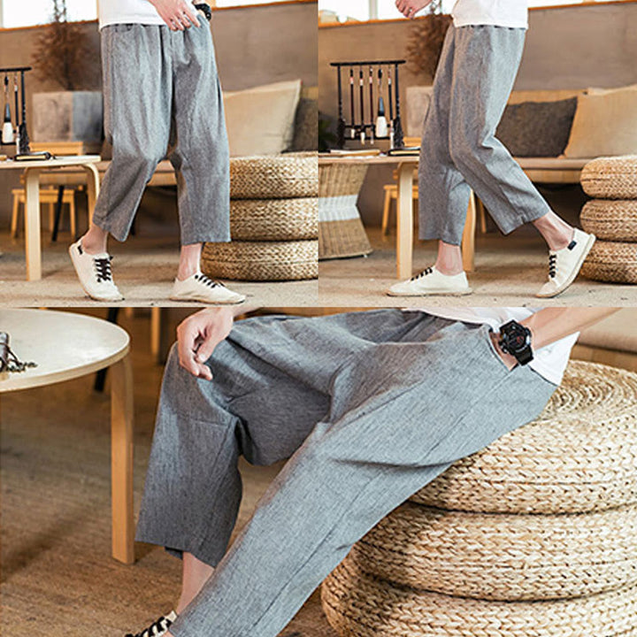Pantalones casuales de lino y algodón con cintura elástica y bolsillos para hombre, de Buddha Stones, de color liso y con cordón ajustable. - image 25