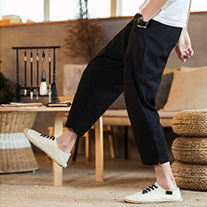 Pantalones casuales de lino y algodón con cintura elástica y bolsillos para hombre, de Buddha Stones, de color liso y con cordón ajustable. - image 31