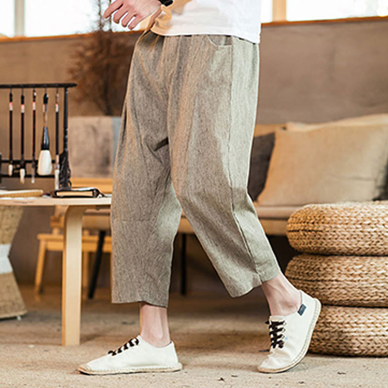 Pantalones casuales de lino y algodón con cintura elástica y bolsillos para hombre, de Buddha Stones, de color liso y con cordón ajustable. - image 1