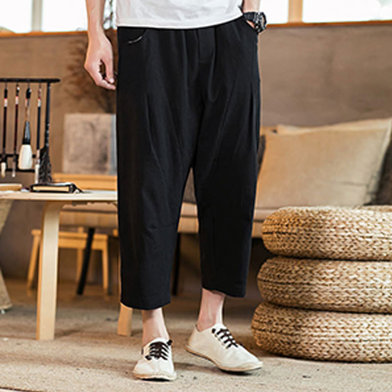 Pantalones casuales de lino y algodón con cintura elástica y bolsillos para hombre, de Buddha Stones, de color liso y con cordón ajustable. - Negro - US/UK/AU46, EU56 (5XL) - image 26