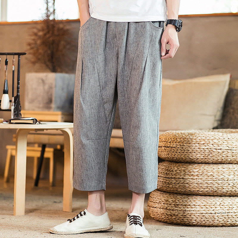 Pantalones casuales de lino y algodón con cintura elástica y bolsillos para hombre, de Buddha Stones, de color liso y con cordón ajustable. - Gris oscuro - US/UK/AU46, EU56 (5XL) - image 19