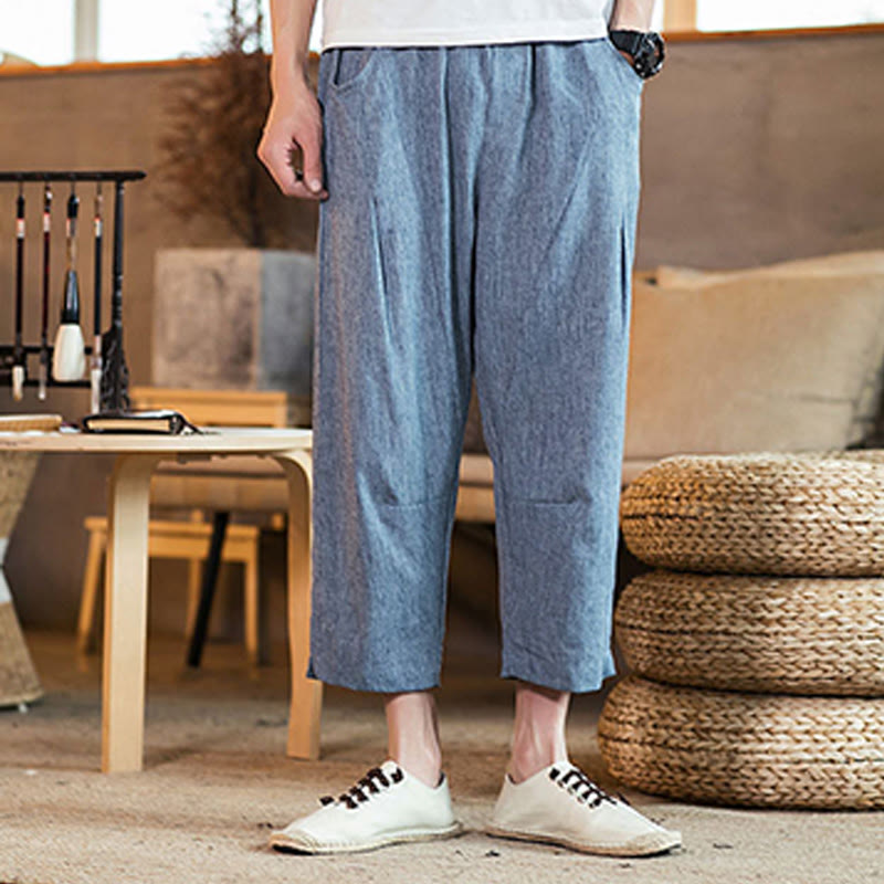 Pantalones casuales de lino y algodón con cintura elástica y bolsillos para hombre, de Buddha Stones, de color liso y con cordón ajustable. - image 34