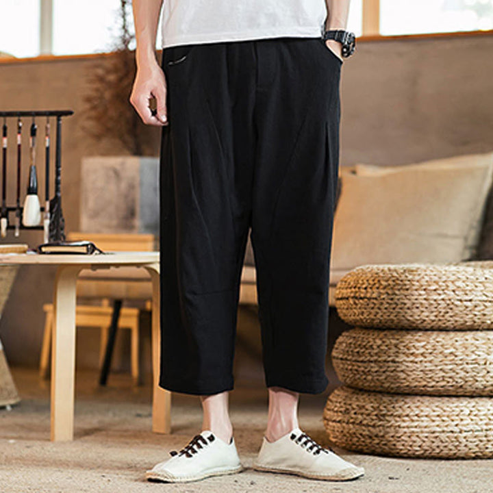 Pantalones casuales de lino y algodón con cintura elástica y bolsillos para hombre, de Buddha Stones, de color liso y con cordón ajustable. - image 27