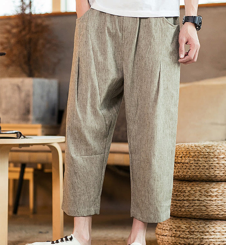 Pantalones casuales de lino y algodón con cintura elástica y bolsillos para hombre, de Buddha Stones, de color liso y con cordón ajustable. - image 7