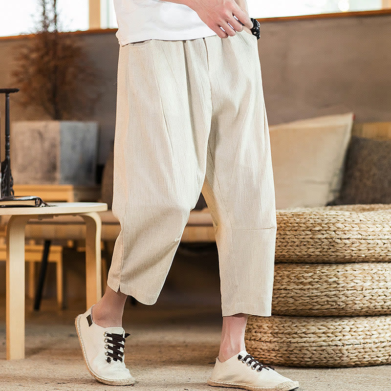 Pantalones casuales de lino y algodón con cintura elástica y bolsillos para hombre, de Buddha Stones, de color liso y con cordón ajustable. - Beige - US/UK/AU46, EU56 (5XL) - image 40