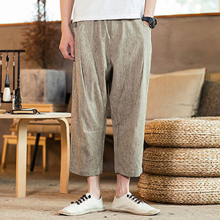 Pantalones casuales de lino y algodón con cintura elástica y bolsillos para hombre, de Buddha Stones, de color liso y con cordón ajustable. - image 2