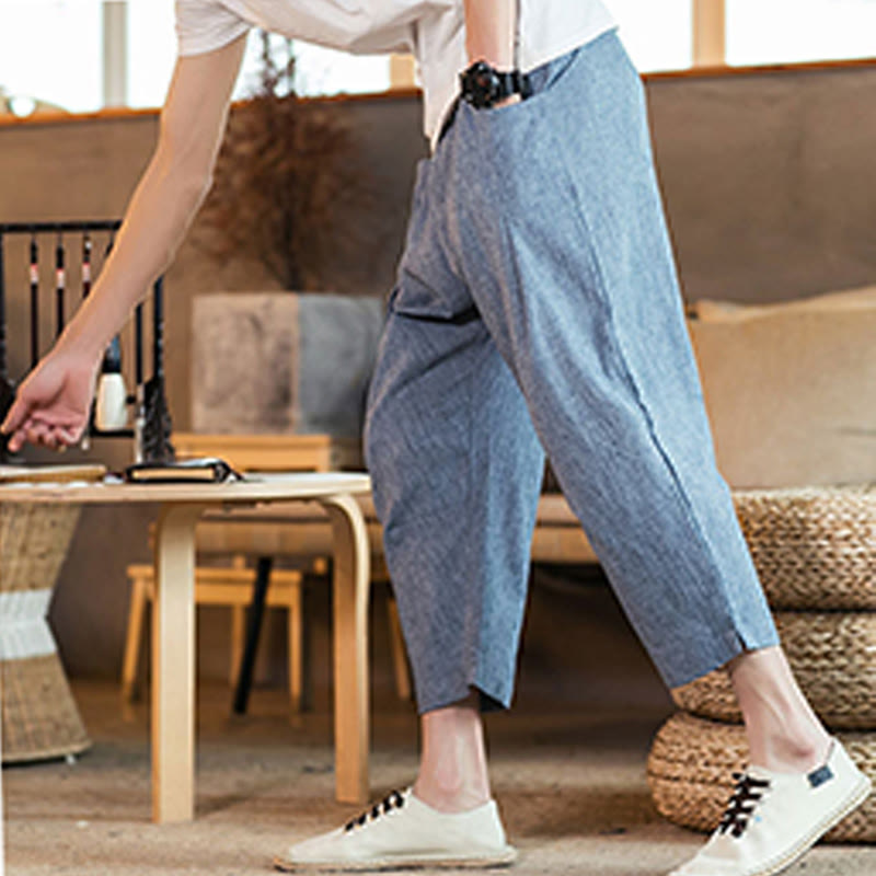 Pantalones casuales de lino y algodón con cintura elástica y bolsillos para hombre, de Buddha Stones, de color liso y con cordón ajustable. - image 37