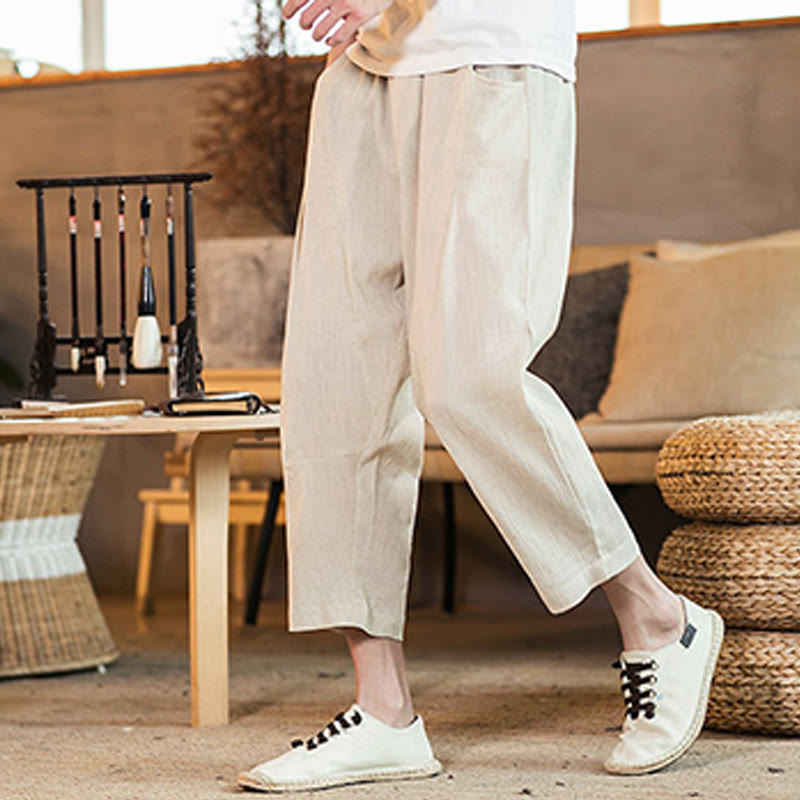 Pantalones casuales de lino y algodón con cintura elástica y bolsillos para hombre, de Buddha Stones, de color liso y con cordón ajustable. - image 44