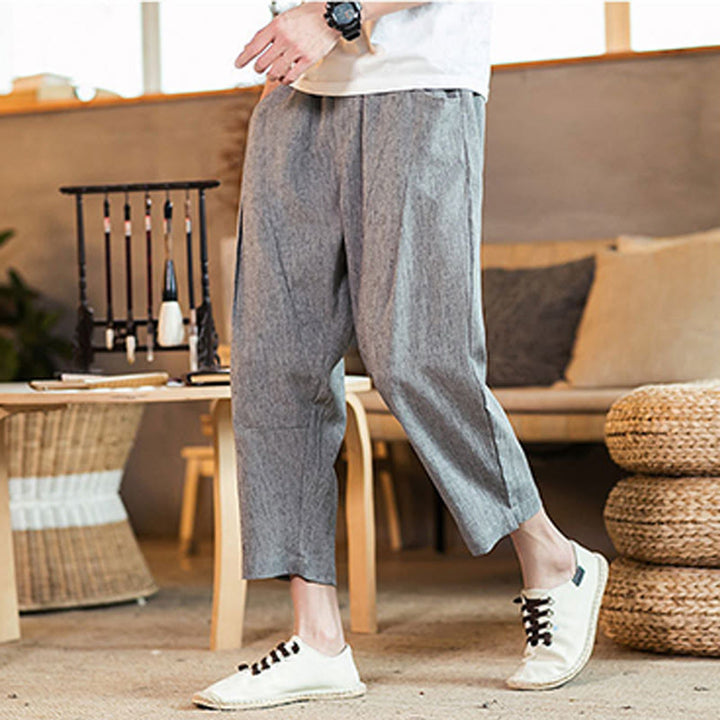 Pantalones casuales de lino y algodón con cintura elástica y bolsillos para hombre, de Buddha Stones, de color liso y con cordón ajustable. - image 20
